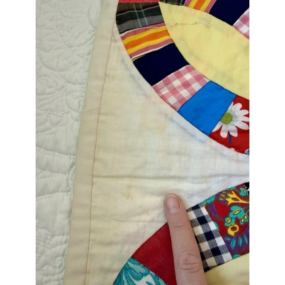 Vintage Handmade Colorful Floral Scrap Pink Double Wedding Ring Full Quilt 80x90